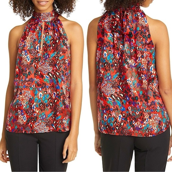 TANYA TAYLOR Kendall 100% Silk Artsy Colorful Leopard Print Tie Neck Top Sz 4 - Picture 1 of 12